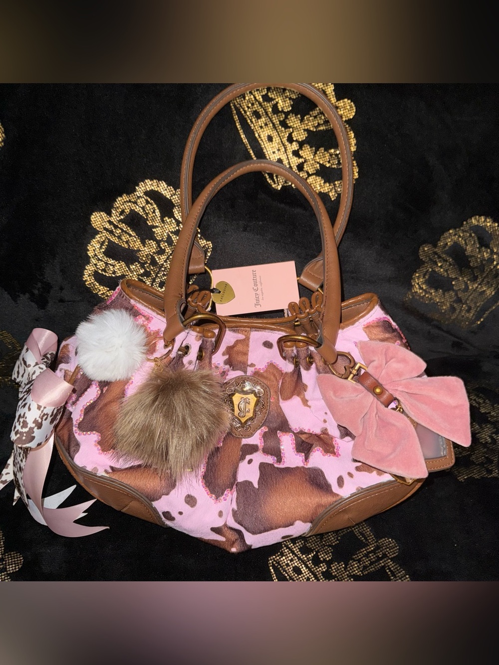 🎀NWT Custom Juicy Couture Pink Tan Drip Juicy Romance Cow Satchel Shoulder Bag🎀